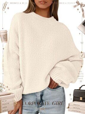 Oversized Chunky Knit Pullover Sweater Drop Shoulder Lantern Sleeve